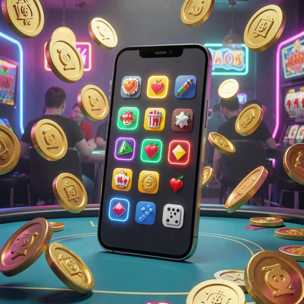 Realistic 3D render of a modern phone displaying the GX77 Android casino app with app icons, surrounded by floating golden coins and slot symbols in a neon casino atmosphere