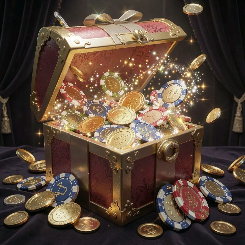 GX77 no deposit casino bonus concept featuring a glowing gift box filled with free casino chips and golden coins against a luxury dark background with magical sparkle effects creating an exciting reward atmosphere