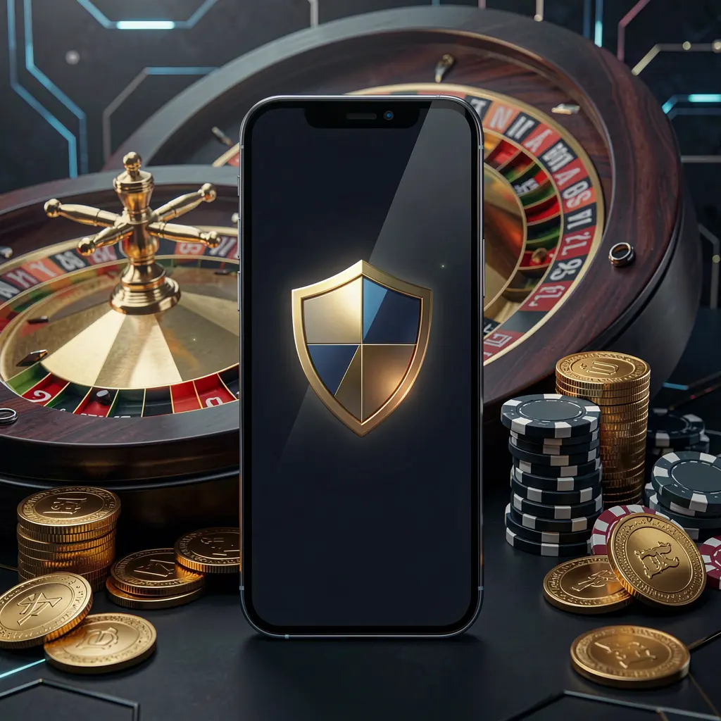 GX77 secure mobile casino login screen showing a phone with a shield icon, roulette wheel, poker chips, and golden coins in a dark cyber luxury atmosphere