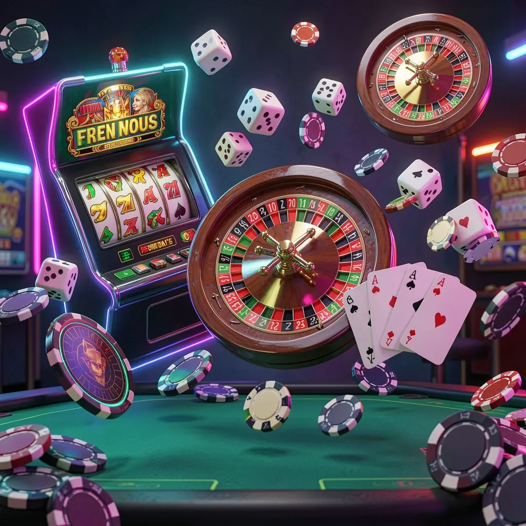 GX77 casino games collection homepage visual featuring a slot machine, roulette wheel, dice, playing cards, and poker chips floating together with colorful neon lights in a premium 3D render